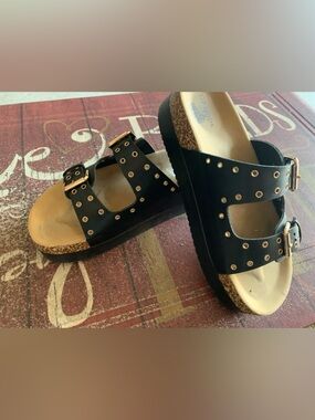 Black Studded Double-Buckle Cork Platform Sandals